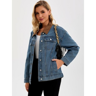 INSPIRE CHIC Women's Denim Corduroy Collar Long Sleeves Button Down Western Shacket Jean Jackets Retro Blue Large — фото 2
