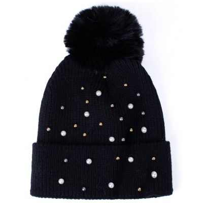 Women's Solid Color 100% Acrylic Knit Hat with colorful pearls and pom