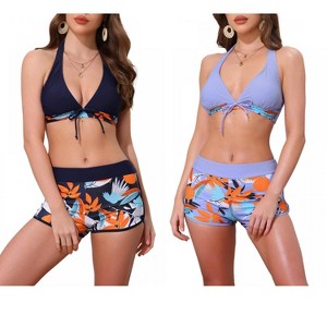 INSPIRE CHIC Women's Leaf Print Color Block Halter Top Boyshorts Bottom Swimwear Bathing Bikini Suits 2 Sets - 1 of 4