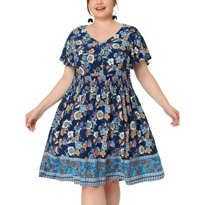 Agnes Orinda Women's Plus Size V Neck Short Sleeve Midi Boho Floral Smock Waist Outfits A Line Dresses