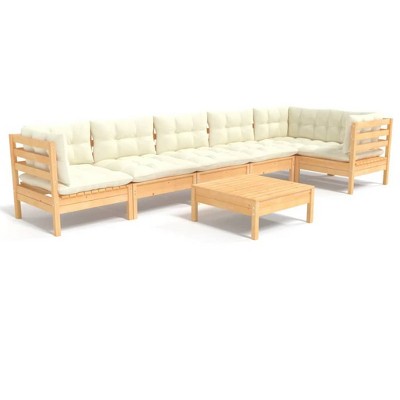 vidaXL 7-Piece Solid Pinewood Patio Lounge Set with Cream Cushions - Versatile for Indoor/Outdoor Use, Includes Sofas and Footstool/Table