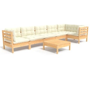 vidaXL 7-Piece Solid Pinewood Patio Lounge Set with Cream Cushions - Versatile for Indoor/Outdoor Use, Includes Sofas and Footstool/Table - 1 of 4