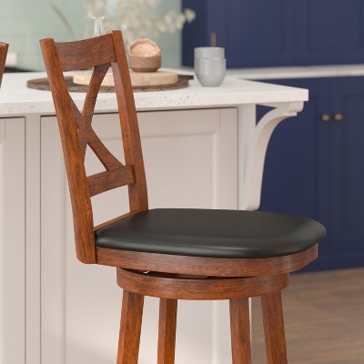 Antique Oak Crossback Swivel Barstool with Black Vinyl Seat