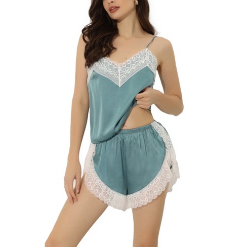 Women Teal Satin Cami PJ Set Sleepwear Lingerie Sleep Pajamas Shorts  Nightwear