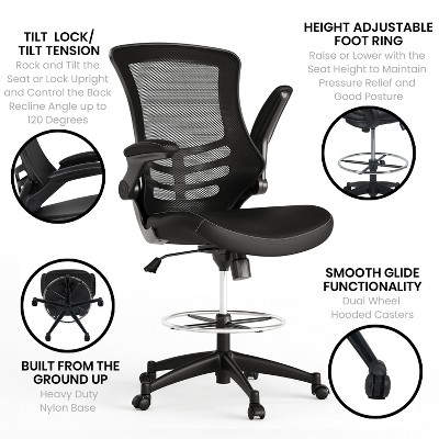 ErgoComfort 51" Black Mesh & Leather Drafting Chair with Adjustable Arms