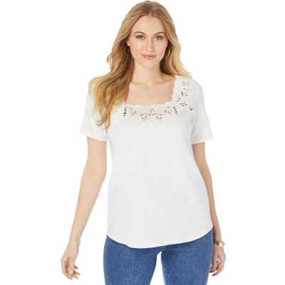 Jessica London Women's Plus Size Stretch Cotton Eyelet Cutout Tee