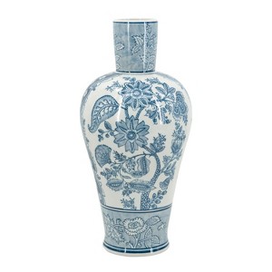 HomeRoots 17" Light Blue And White Floral Round Porcelain Table Vase - 1 of 4