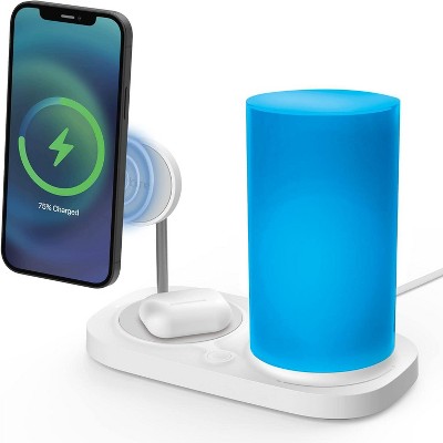 iHome Magnetic Power Station, 7.5W MagSafe Charger with 5W Wireless Pad, Color LED Lamp for iPhone 12/13