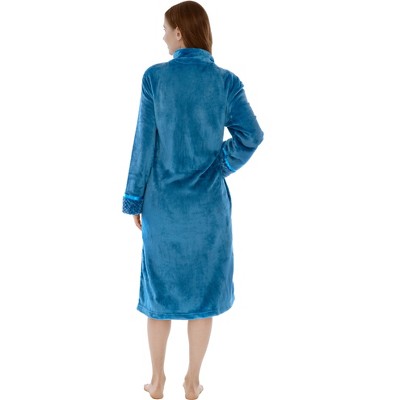 Blue Microfiber Fleece Long Sleeve Zip Robe with Pockets
