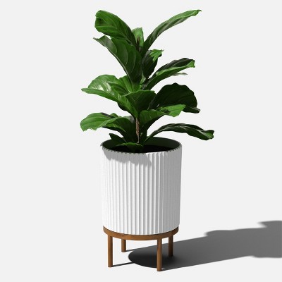 White Fluted Concrete-Composite Planter with Acacia Wood Stand