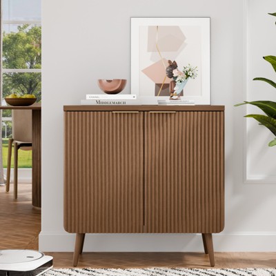 FURNIinspire Utility Storage Cabinets, 2 Door Cabinet With 2-Tier Storage Space, Sideboard For Living Room Dining Room, Walnut, 13.8"*29.5"*29.9"