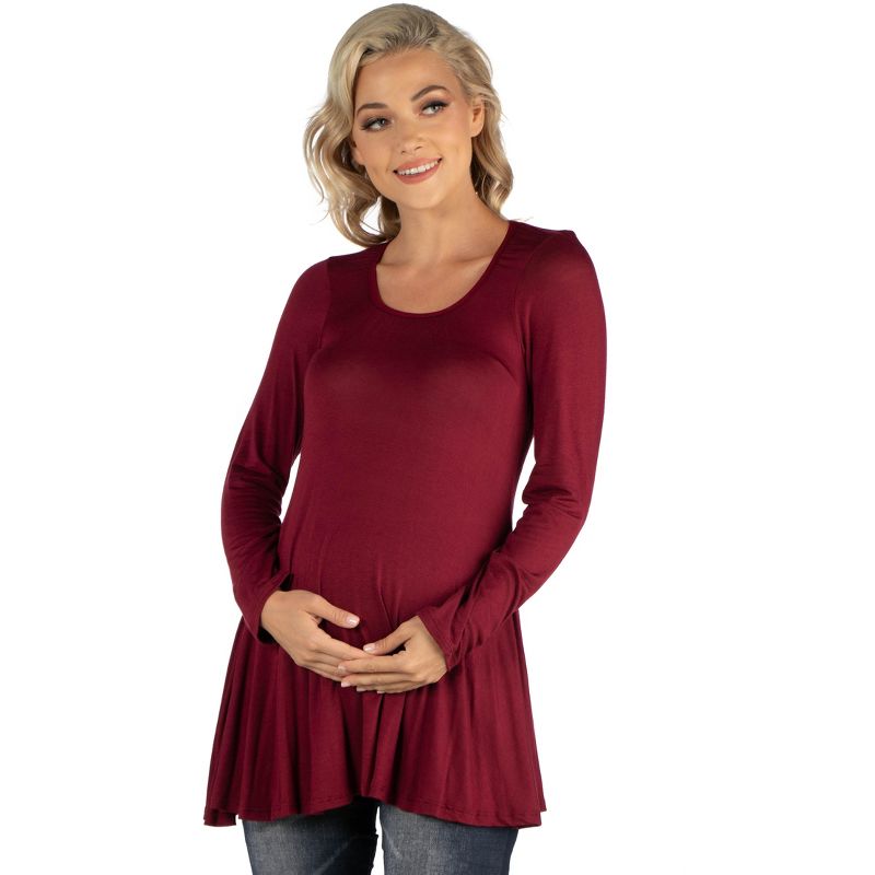 24seven Comfort Apparel Womens Long Sleeve Solid Color Swing Style Flared Maternity Tunic Top, 1 of 5