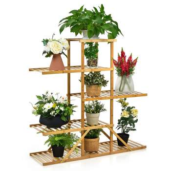 Costway Bamboo Plant Stand 5 tier 10 Potted Plant Shelf Display Holder Natural\Brown