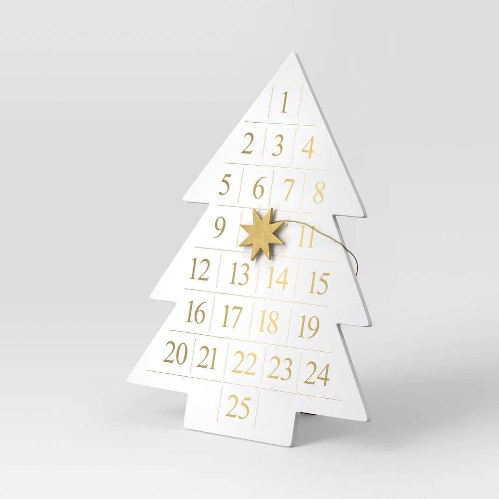 19" Wood Tree Christmas Advent Calendar with Star Counter White/Gold - Wondershop™