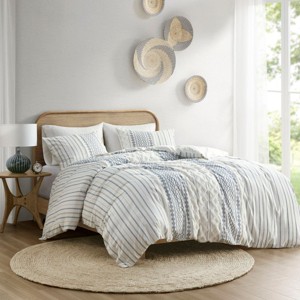 Sapphtopaz Bedding Set Duvet Cover Set Tufted Chenille Cotton with Stripes Printing 3 Piece 1 Cover, 2 Pillow Shams - 1 of 4