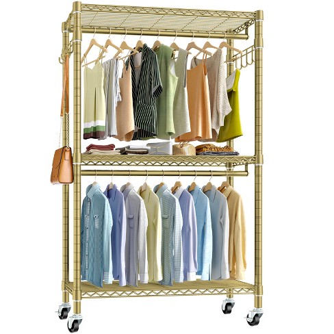 Garment Rack 3 Tiers Heavy Duty Clothes Rack Rolling Free-Standing Clothing  Closet Rack Organizer Storage Shelves with 2 Rods/Lockable Wheels/2 Side