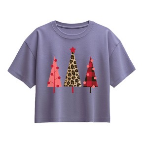 Girls' - Instant Message - Leopard Print Christmas Trees Short Sleeve Boxy Graphic T-Shirt - 1 of 2