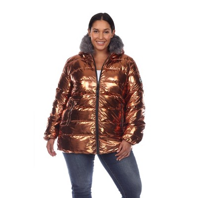 Plus Size Metallic Puffer Coat With Hoodie Bronze 3x - White Mark : Target