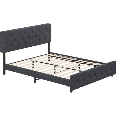 Queen Size Bed Frame, Upholstered Platform with Headboard, Upholstered Bed Frame with Linen Fabric Wrap, Platform Bed with USB Ports, Gray