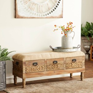 Carved Wood and Upholstered Storage Bench with Drawers - Olivia & May: Farmhouse Ottoman, Entryway Seating - 1 of 4