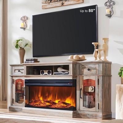 SinCiDo Farmhouse 70" Fireplace TV Stand, for 80" TV, Entertainment Center w/ Fireplace, Remote Control, 3 Types 3D Flames, Storage Cabinet & 2 Drawer