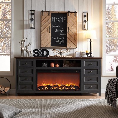 70 Inch Farmhouse Fireplace TV Stand with 36" Electric Fireplace for 80 Inch TVs, Entertainment Center with 8 Drawer