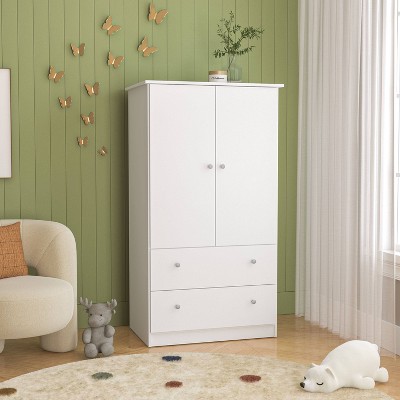 White Melamine 2-Door Bedroom Armoire with Drawers