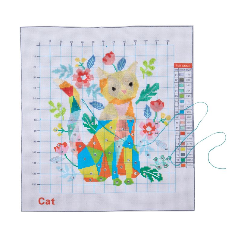 Bright Creations 2 Pack, Fox and Cat Stamped Counted Cross Stitch, DIY Embroidery Beginner Kit with 11 CT Cloth, Needles & Thread, 5 of 8