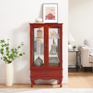 TIRAMISUBEST Lighted Glass Cabinet Glass Wine Cabinet Curio Display Cabinet with Adjustable Glass Shelves 2 Doors and 1 drawer Cabinet - 1 of 4