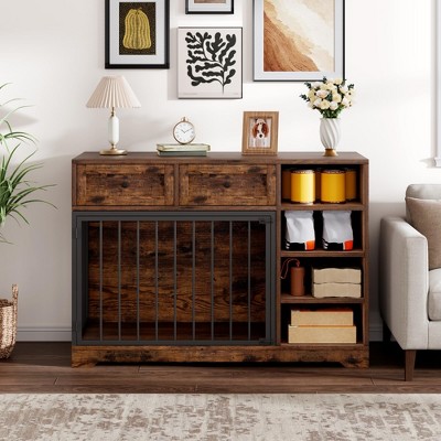 Dog Crate Furniture 47", Large Dog Crate with 2 Drawers and 4 Shelves, Wooden Heavy Duty Dog Crate, Decorative Dog Indoor Kennel Furniture Indoor