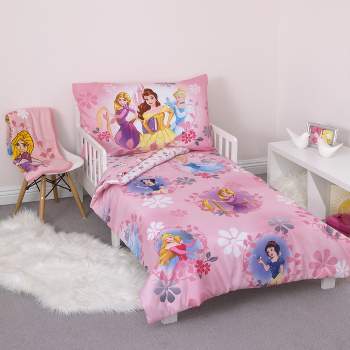 Disney Pretty Pretty Princess Pink, Blue, and Yellow 4 Piece Toddler Bed Set