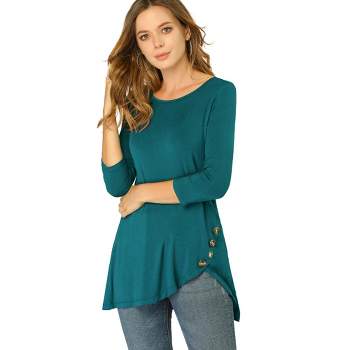 Allegra K Women's 3/4 Sleeve Round Neck Button Decor Casual Stretchy Tunic Tops