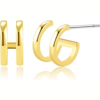 14K Gold Plated Triple Huggie Illusion Stud Earrings | Double Huggie Hoop Earrings for One Hole | Gold Hoop Earrings for Women