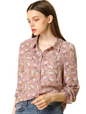 Allegra K Women's Point Collar Long Button Sleeve Button Down Floral Shirt