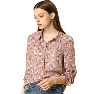 Allegra K Women's Point Collar Long Button Sleeve Button Down Floral Shirt - 1 of 4