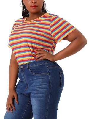 Agnes Orinda Women's Plus Size Ribbed Stripe Short Sleeve Round Neck Casual Tops