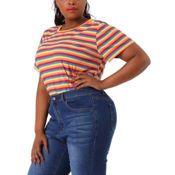 Agnes Orinda Women's Plus Size Stripe Short Sleeve Round Neck Casual Tops