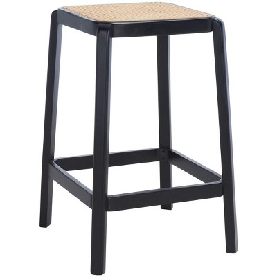 Black Beech Wood and Cane Backless Counter Stool