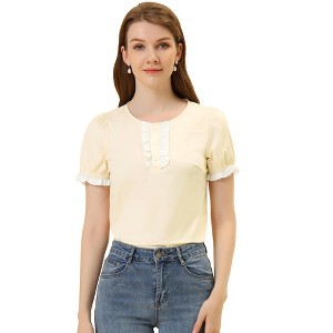 INSPIRE CHIC Women's Puff Sleeve Crew Neck Lace Trim Cotton Top - 1 of 4