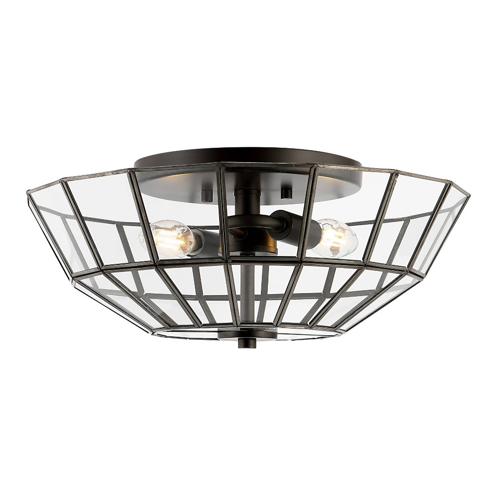 Photos - Chandelier / Lamp 15.5" 2-Light Theo Farmhouse Rustic Iron/Glass LED Semi Flush Mount Oil Rubbed Bronze/Clear - JONATHAN Y: Kitchen Eco-Friend
