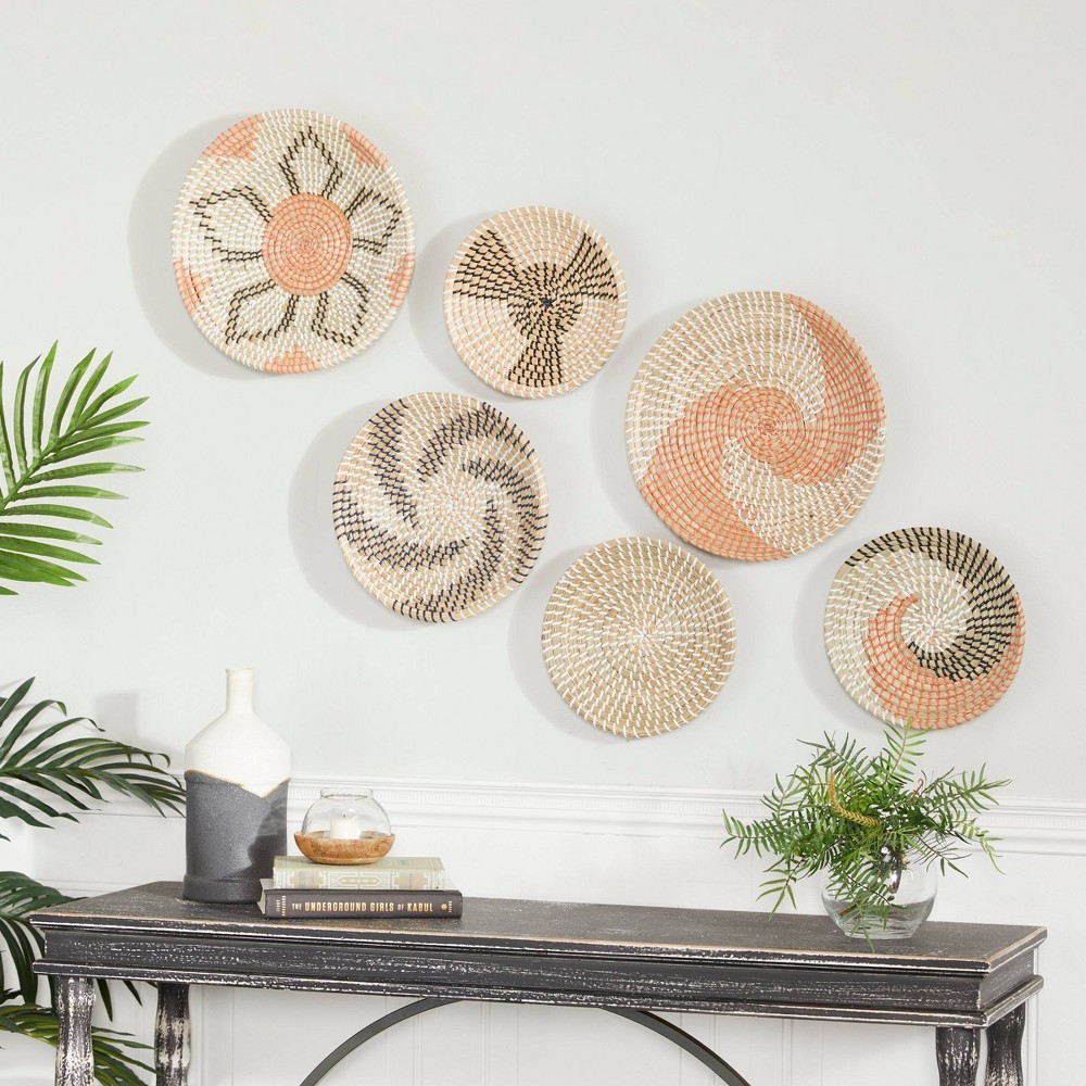 Photos - Wallpaper Set of 6 Seagrass Plate Handmade Patterned Basket Wall Decors Orange - Oli