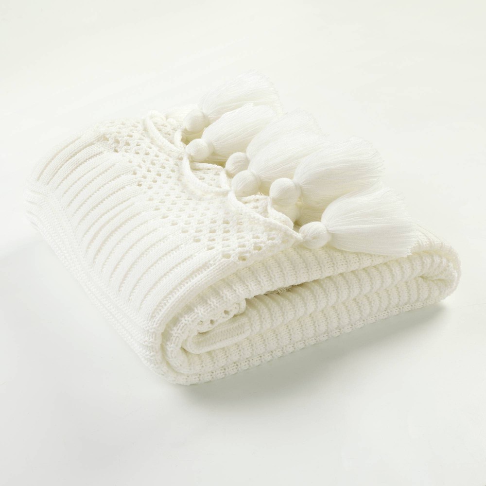 50"x60" Boho Knitted Tassel Throw Blanket Ivory - Lush D&eacute;cor