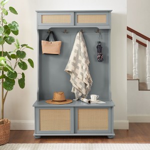 Casual Style Hall Tree Entryway Bench with Rattan Door Shelves and Shoe Cabinets - 1 of 4