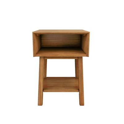 Pecan Mid-Century Modern Wooden Nightstand with Cubby Shelf