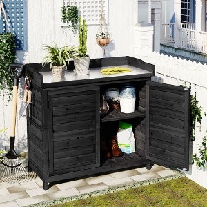 ORRD 39” Outdoor Potting Bench, Rustic Wooden Garden Workstation with Storage Cabinet, 2 Shelves & Side Hooks, Black - 1 of 4