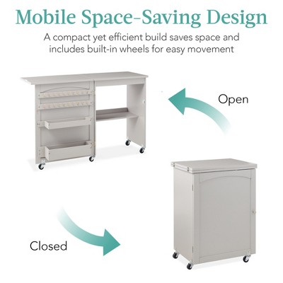 Gray Folding Sewing Table with Storage and Wheels