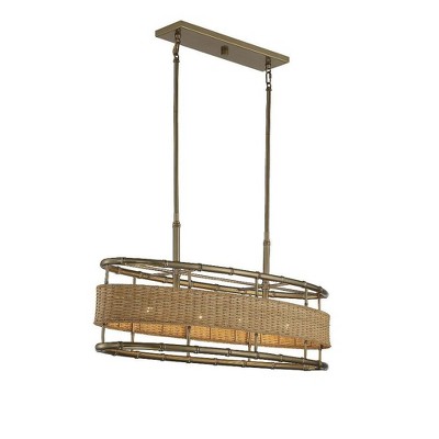 Arcadia 4-Light Linear Chandelier in Warm Brass with Natural Rattan