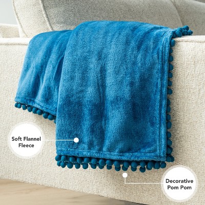 Teal Blue Twin Fleece Pom Pom Fringe Blanket