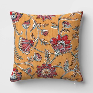 Square Floral Reversible Throw Pillow with Block Print Yellow - Threshold™ - 1 of 4