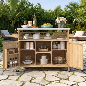 BAOURE Outdoor Kitchen Island with Stainless Steel Top, Farmhouse Solid Wood Grill Table with Spice Rack & Lockable Wheels - Natural Wood - 1 of 4